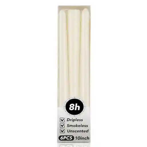 KORCCI Ivory Taper Candles 10-inch — set of 6, smokeless, unscented, dripless, 8-hour burn time